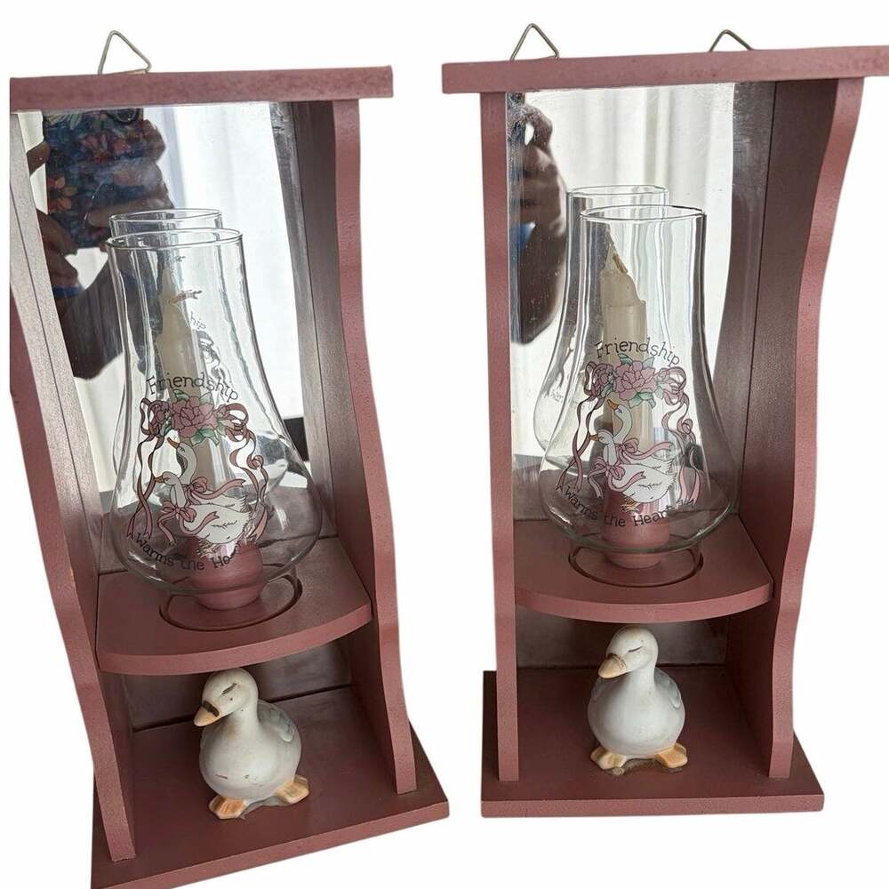 Vintage 80s pair country geese wooden sconces glass hurricane candle cottagecore